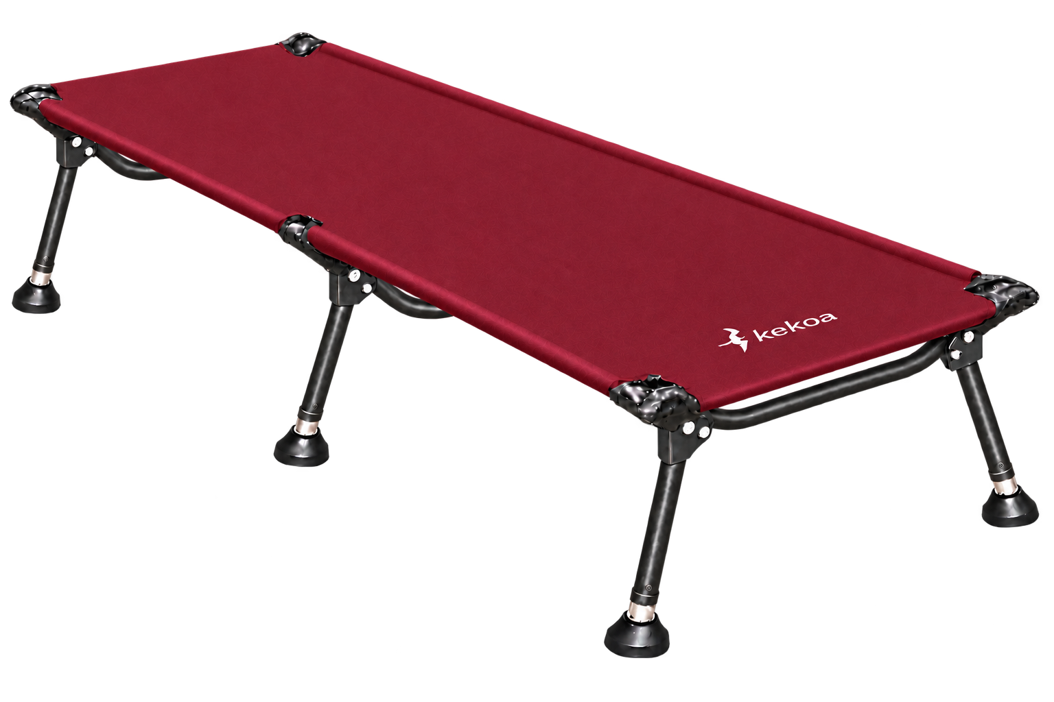 The Holoholo CarCot, a maroon car camping cot with adjustable black legs